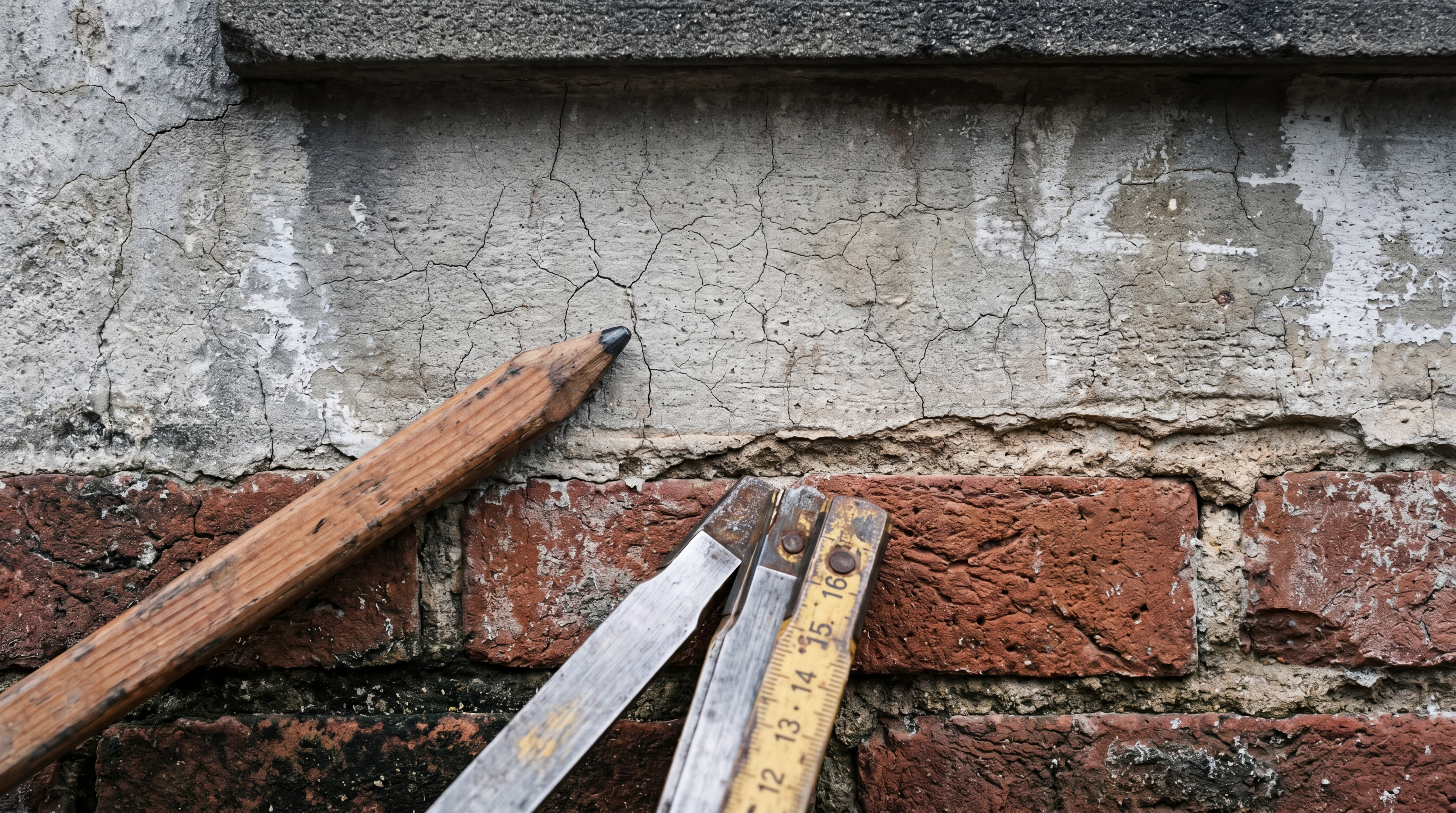 Nahaufnahme gealterter Bausubstanz — Putz, Ziegel, Fugen